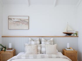 Super king bed, Australia wool underlays, Linen duvet, reading material