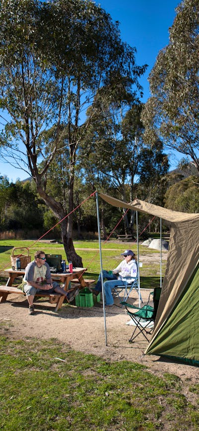 Campers sitting beside tent at Woods Reserve