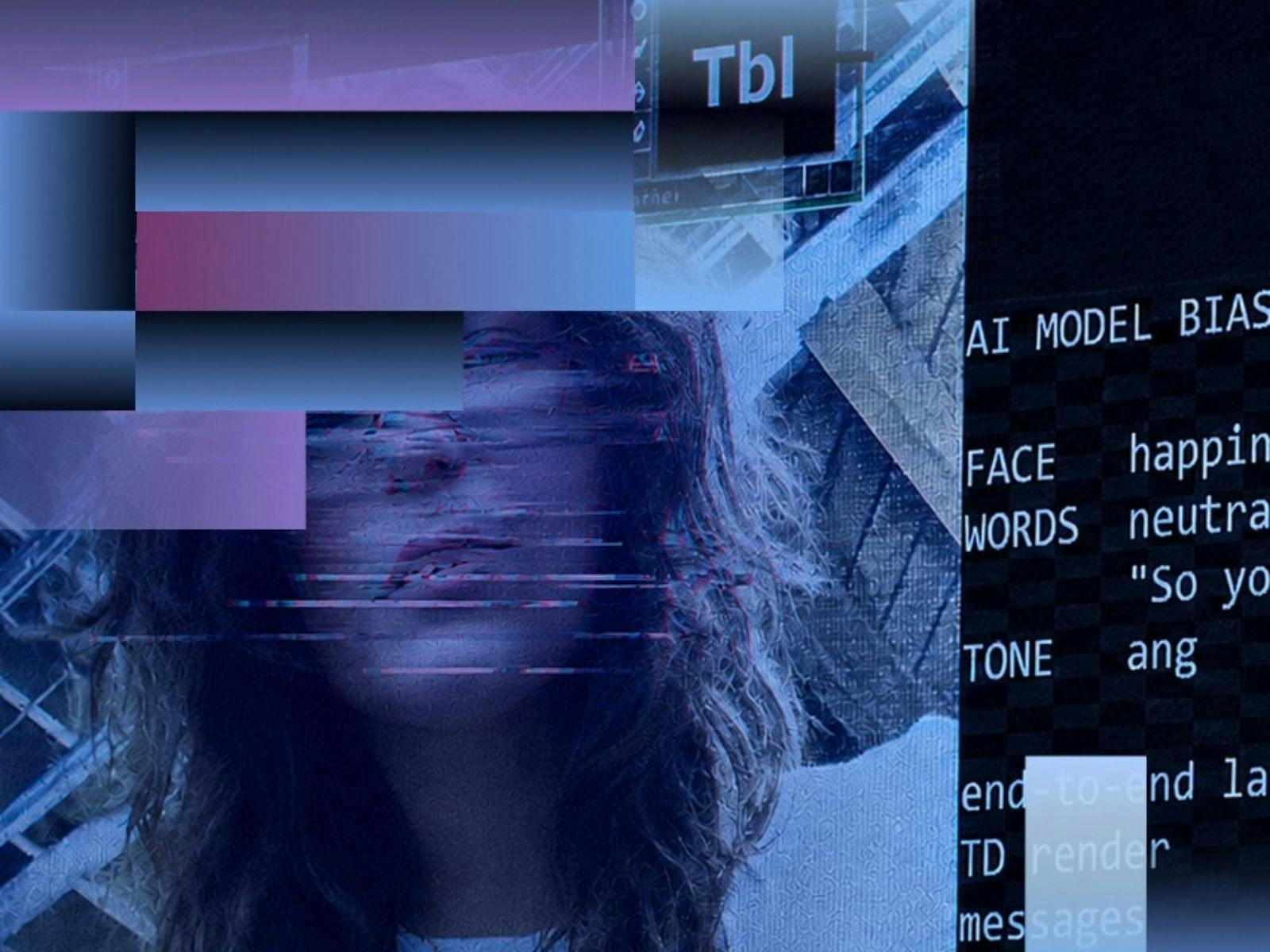 Pixelated image of woman with glasses and code in the background