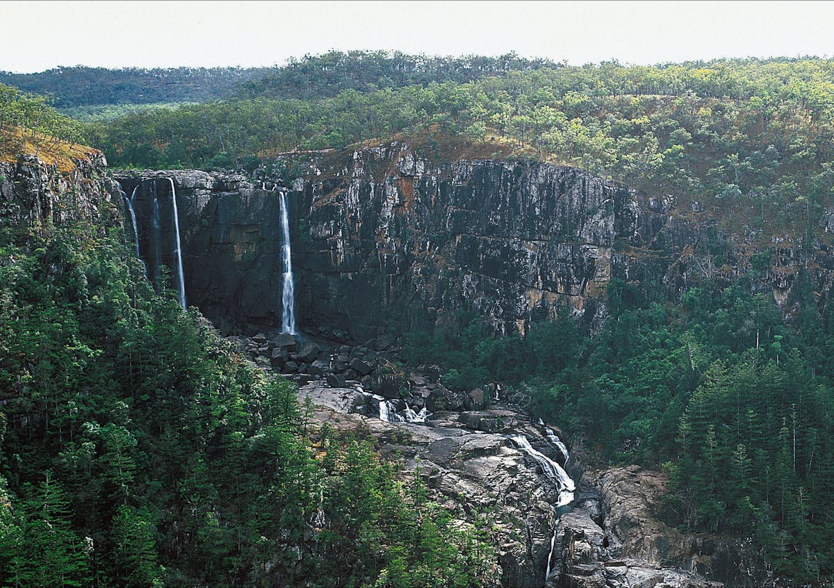 Waterfall dropping over walls of gorge, Blencoe Falls.