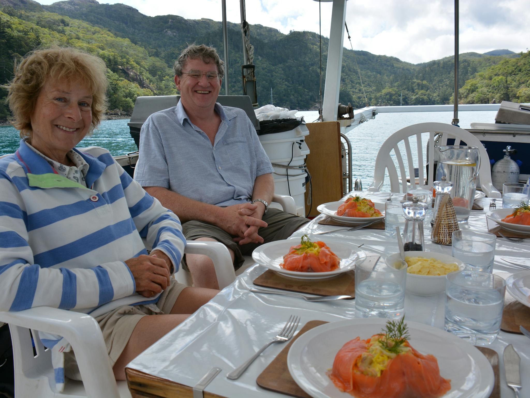 Saffron Angel hair pasta with smoked ocean trout served on the aft deck is a great guest pleaser! Saffron Angel hair pasta with smoked ocean trout served on the aft deck is a great guest pleaser!