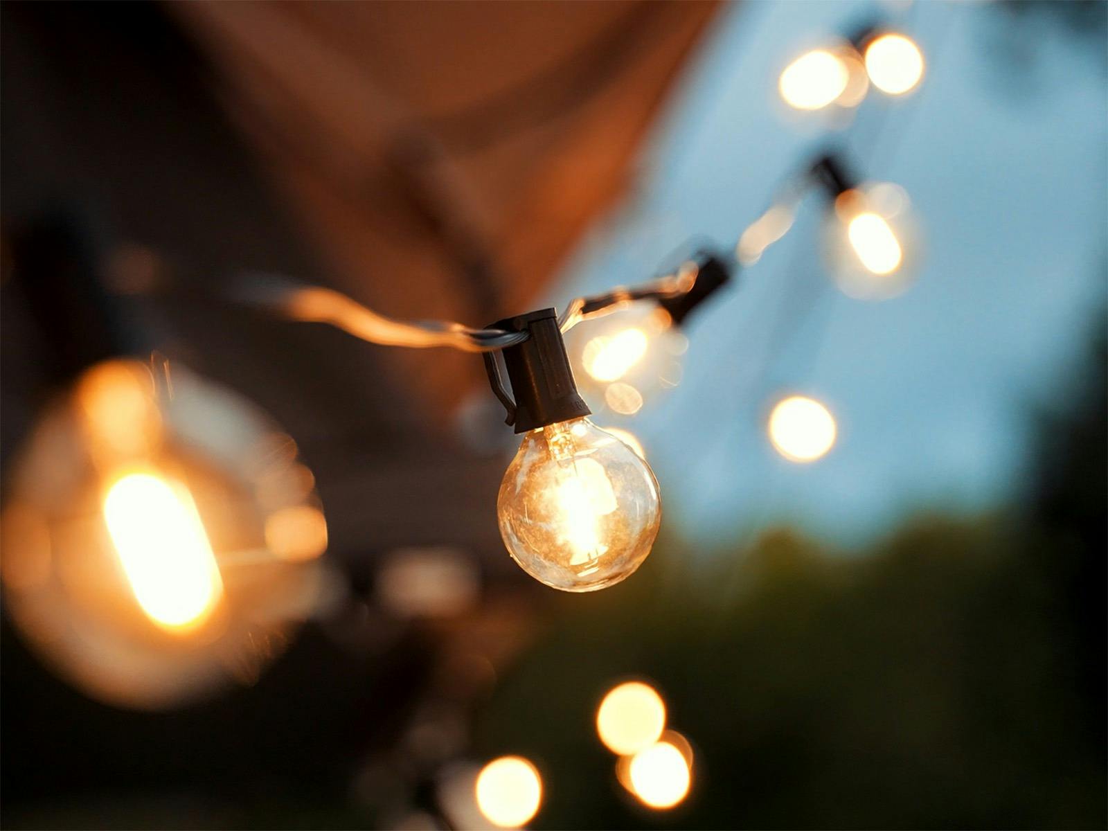 A string of feature festoon lights glow with a warm yellow against a twilight sky