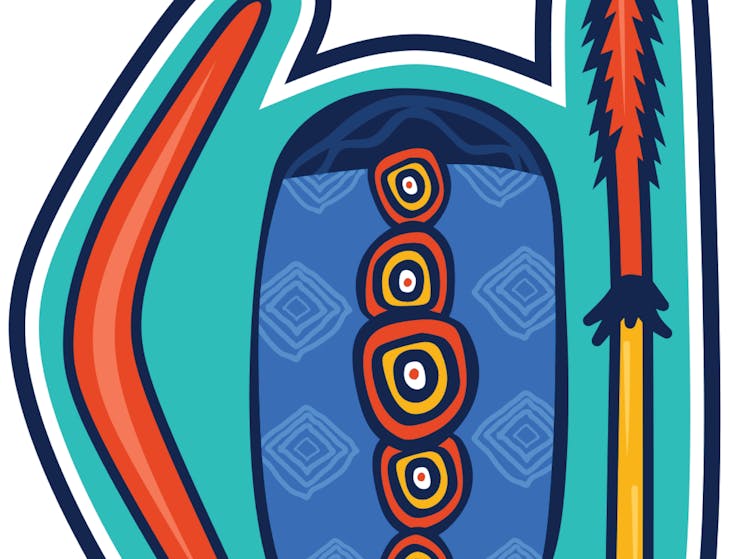 A Boomerang  Spear surround a Shield with 5 circles which represent the mob, on a teal background