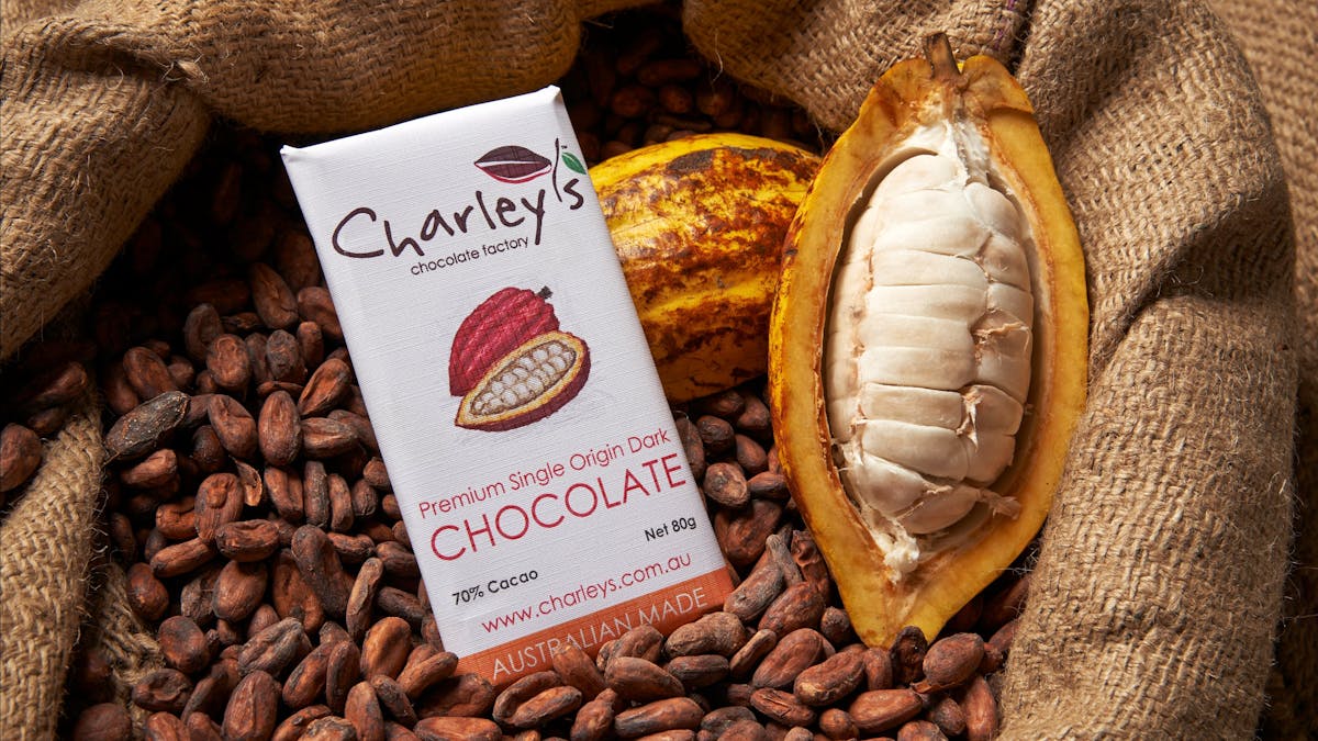 Charley's Chocolate, cocoa beans and cocoa pod