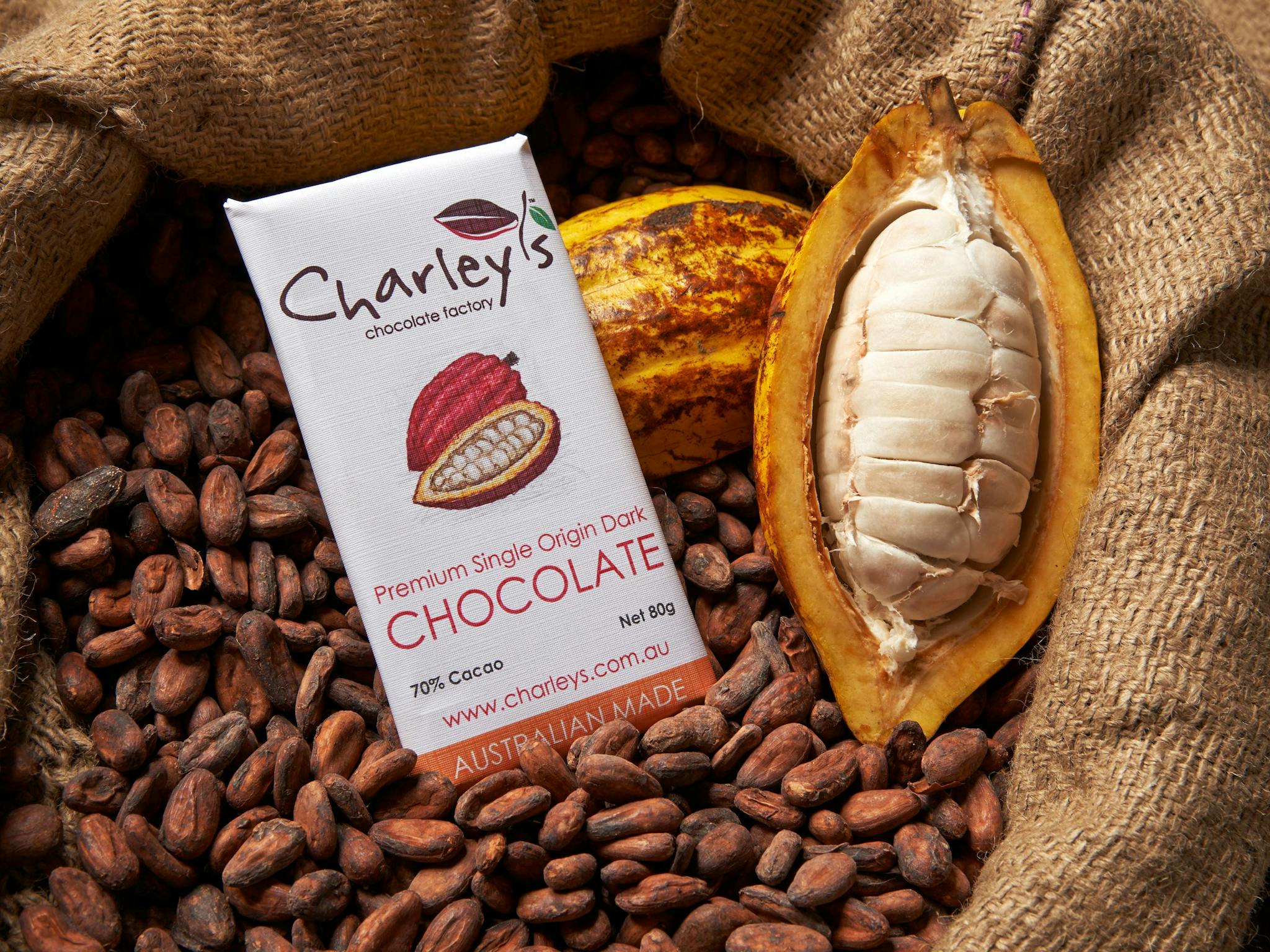 Charley's Chocolate, cocoa beans and cocoa pod Charley's Chocolate, cocoa beans and cocoa pod