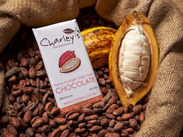 Charley's Chocolate, cocoa beans and cocoa pod