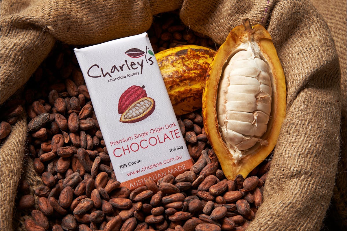 Charley's Chocolate, cocoa beans and cocoa pod