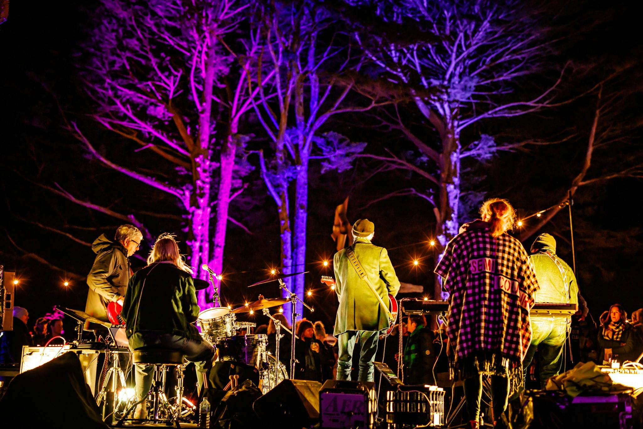 A live band playing at night surrounded by pine trees