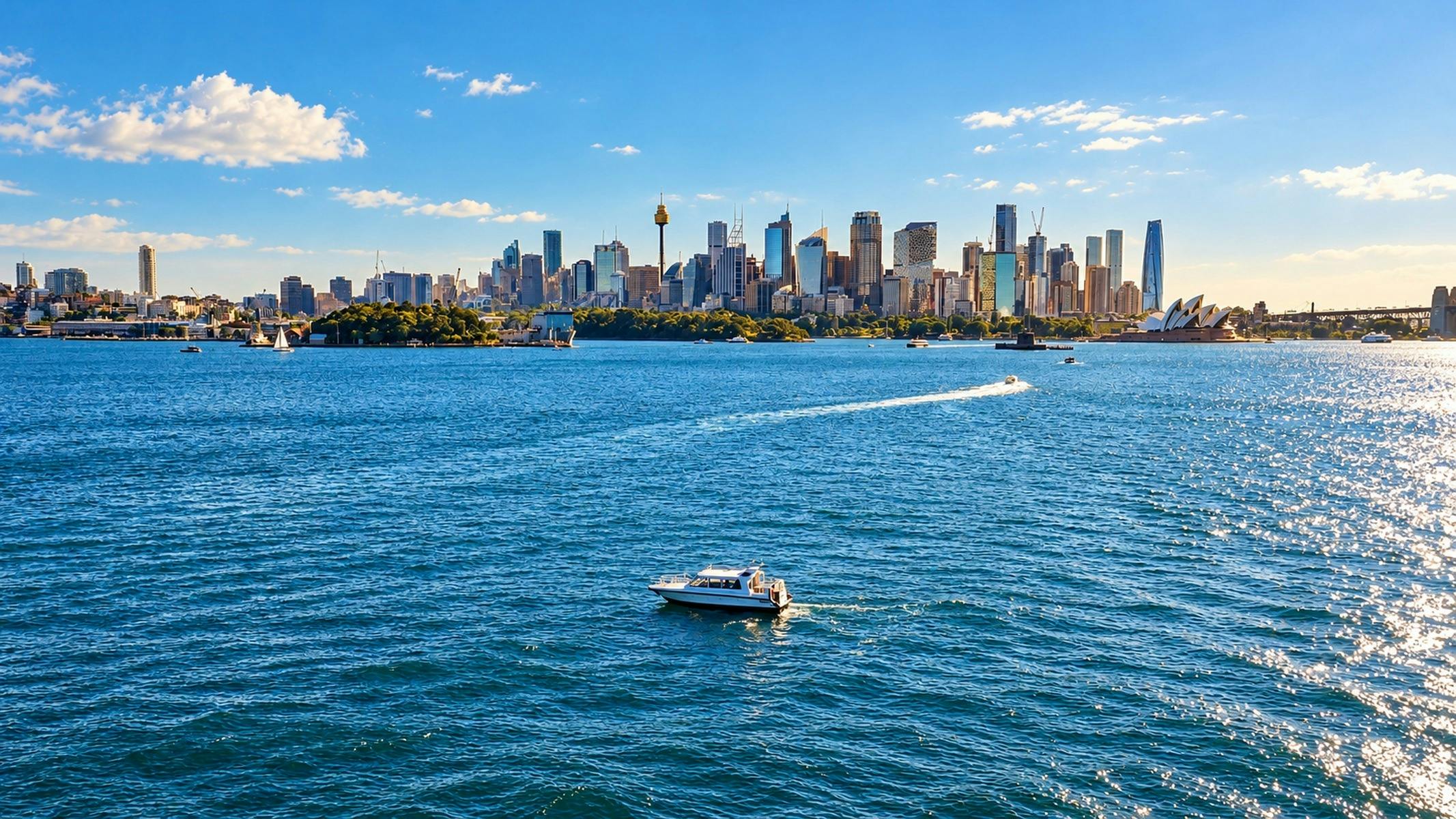 Water taxi crossing Sydney Harbour with Sydney city skyline in the background