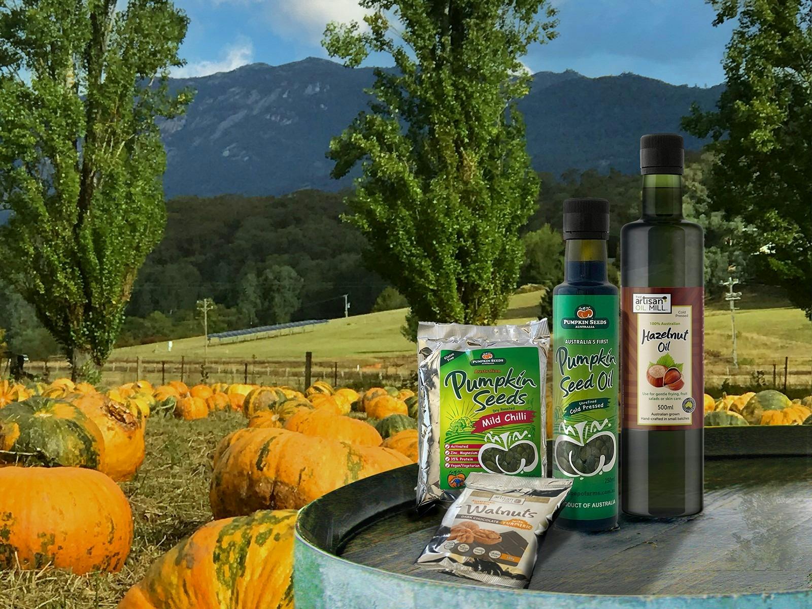 Pepo Farms products on top of wine barrel on Pumpkin Farm