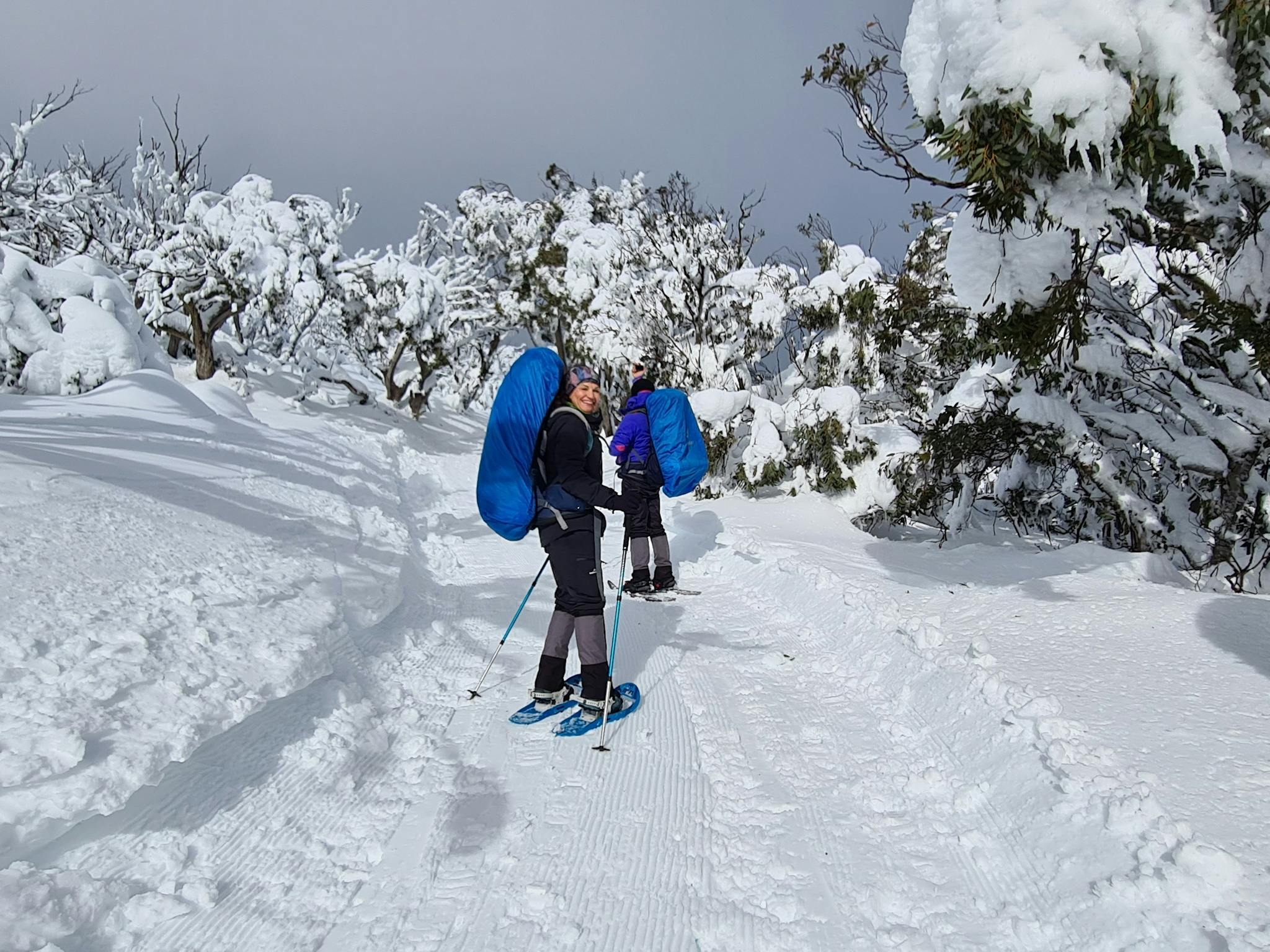A couple of snowshoeing hikers on the groomed trails of Mt Stirling.
