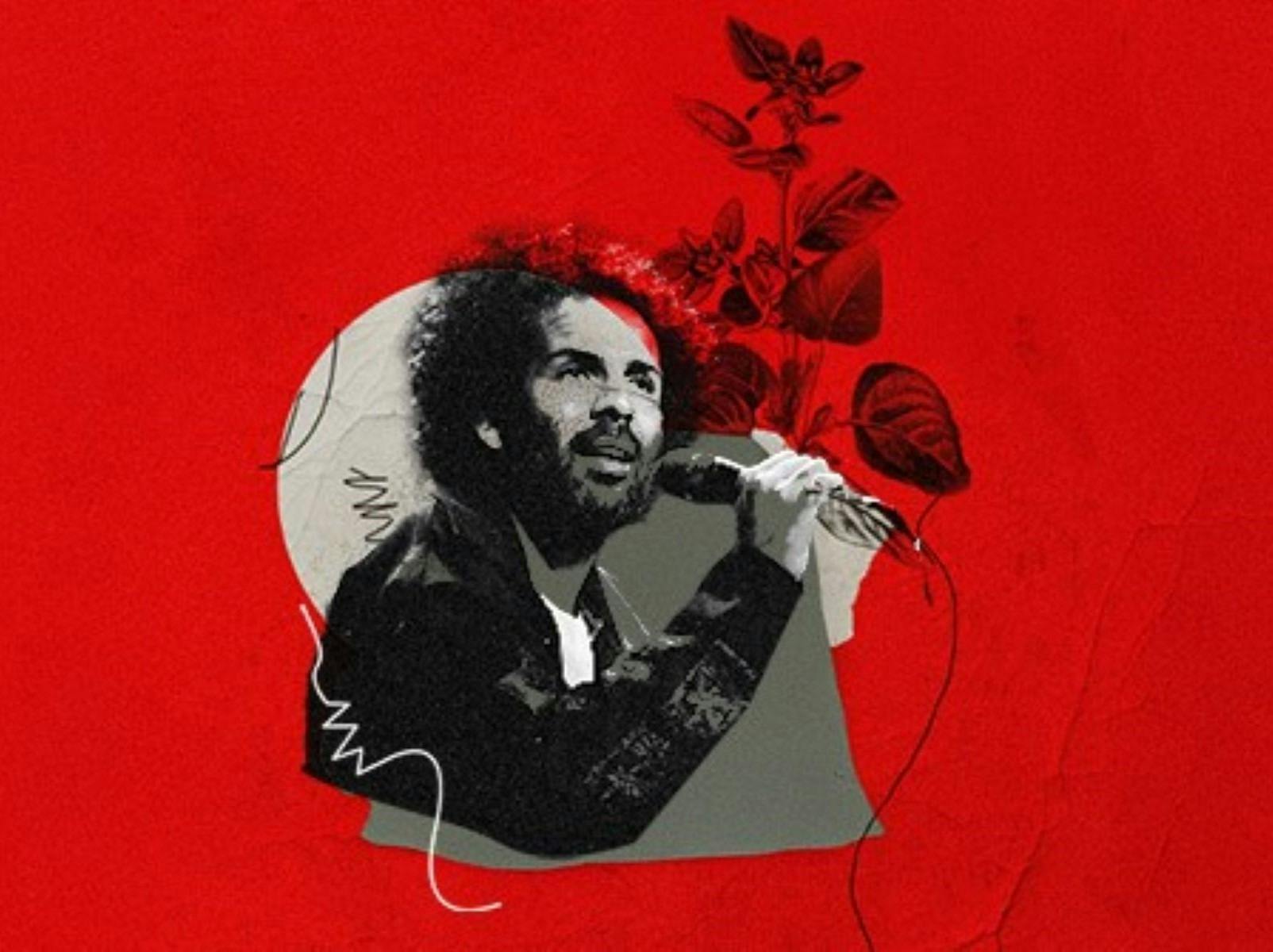Black and White Image of Heydoo singing into a microphone with a red background