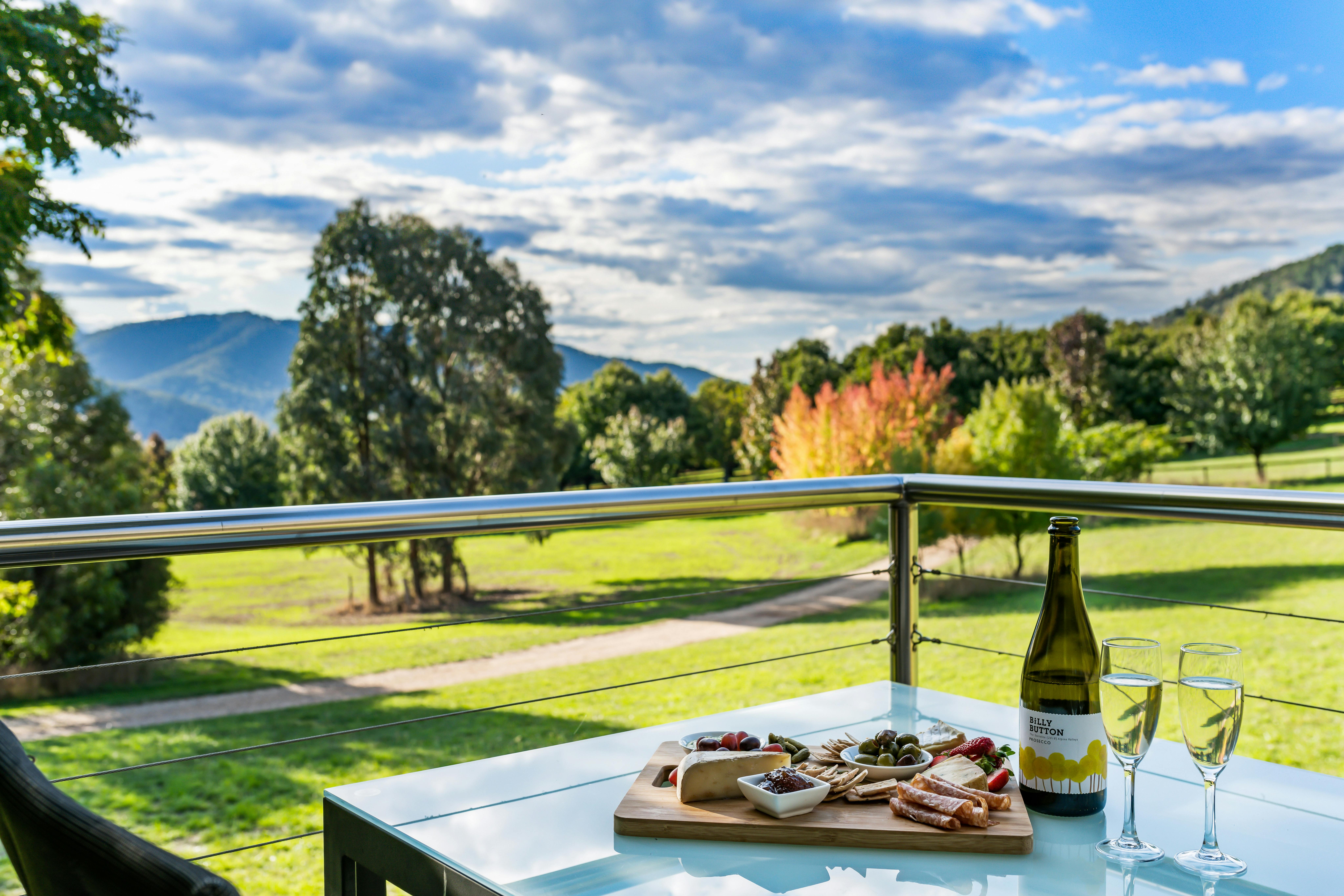 Platter and wine on the deck of Studio