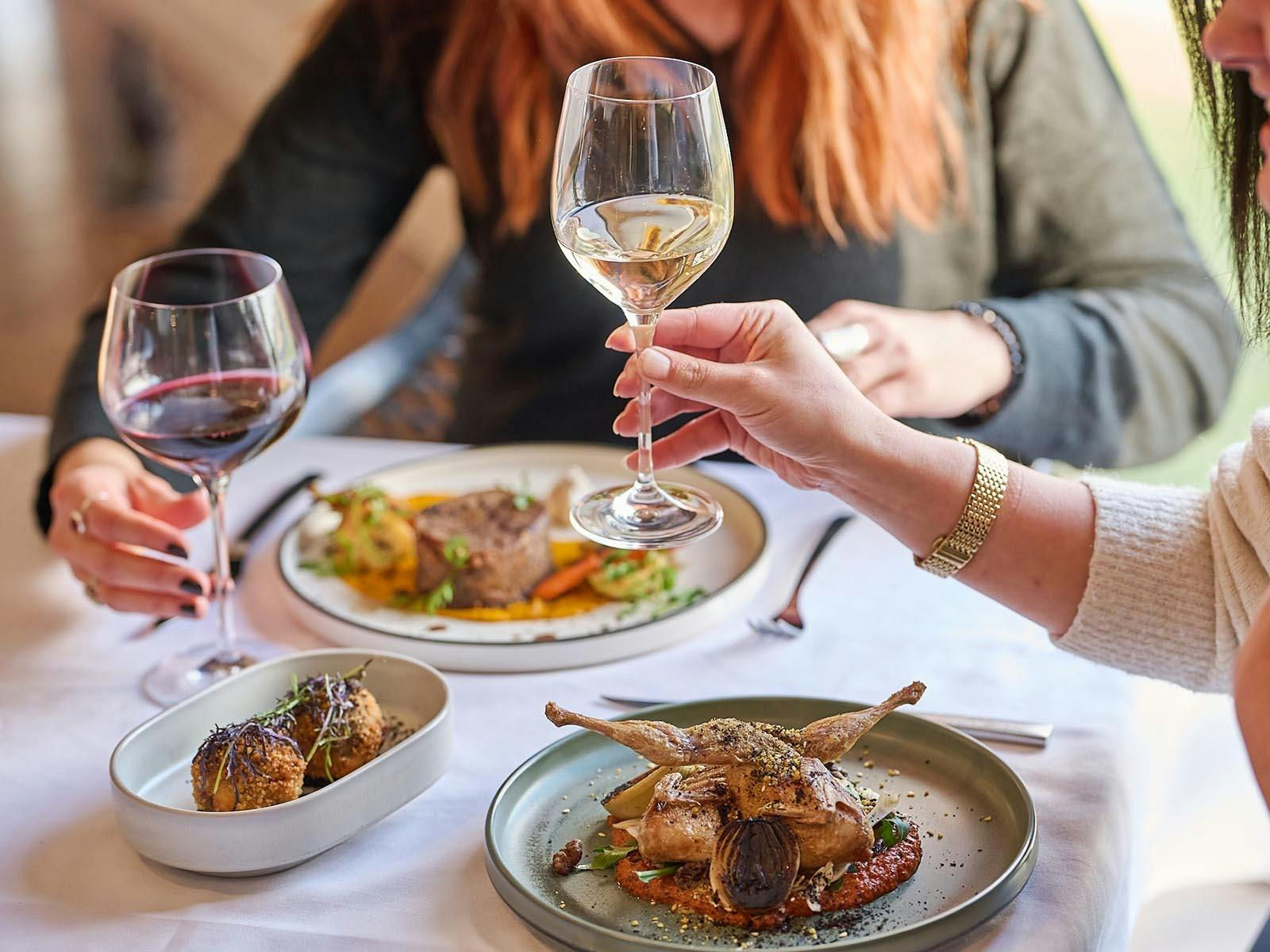 Guests enjoying a glass of wine with fine dining food at IRIS
