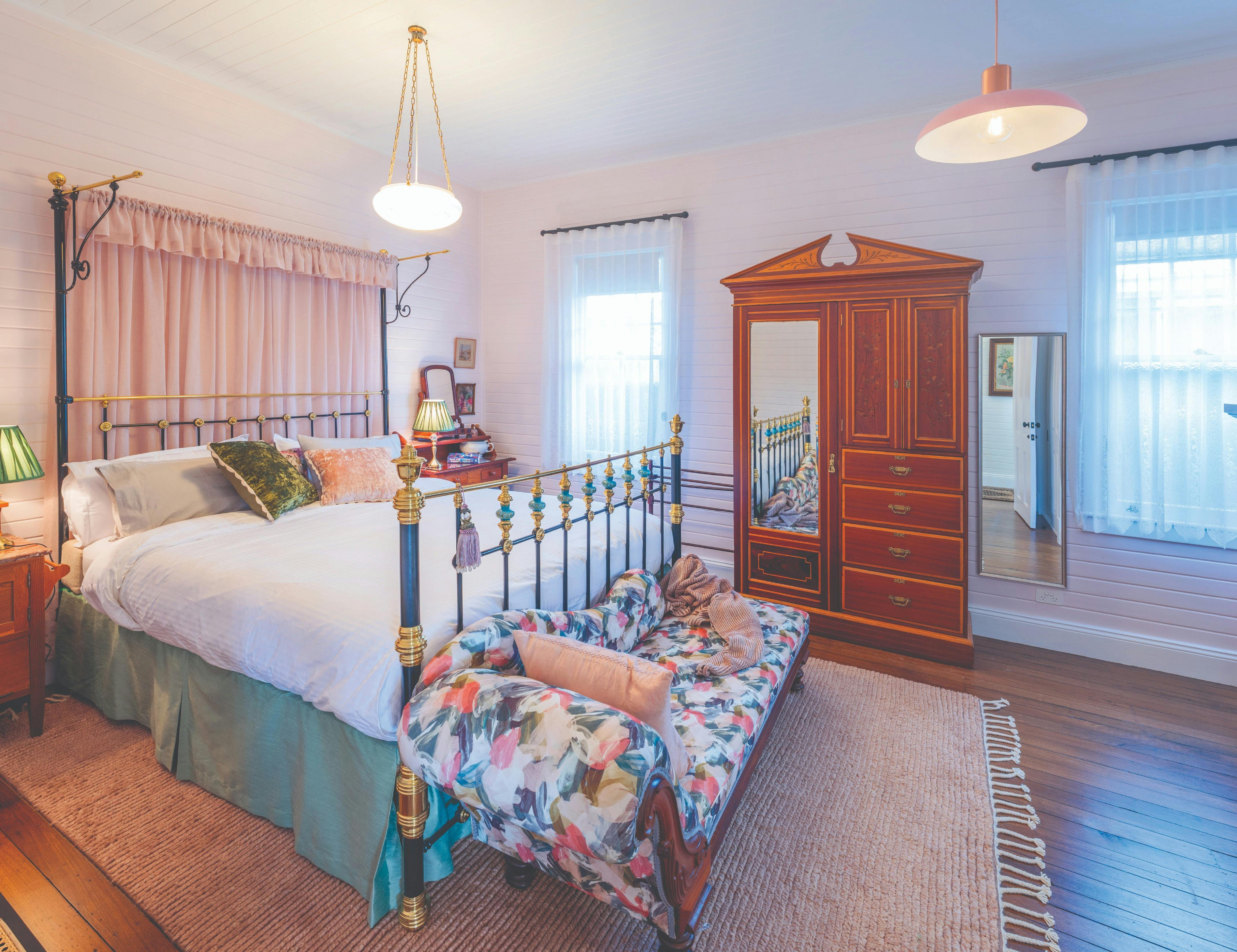 1910 era furniture and colours in the main bedroom with modern ensuite & tempur mattress  cfy