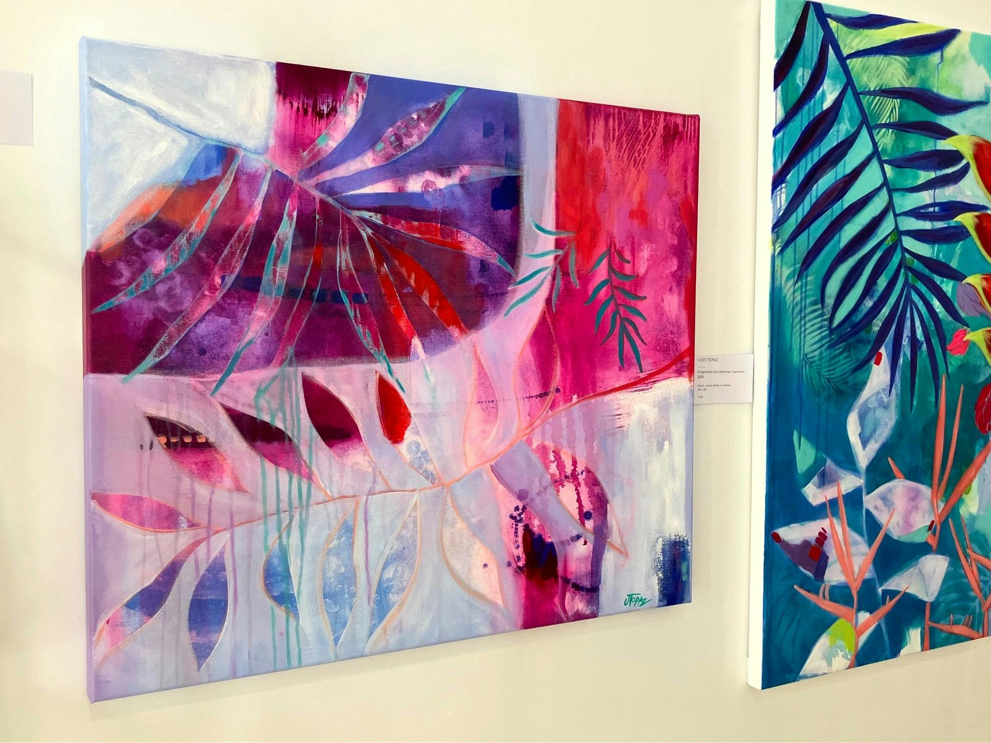 Vibrant, original, tropical abstract artwork displayed on our main gallery walls