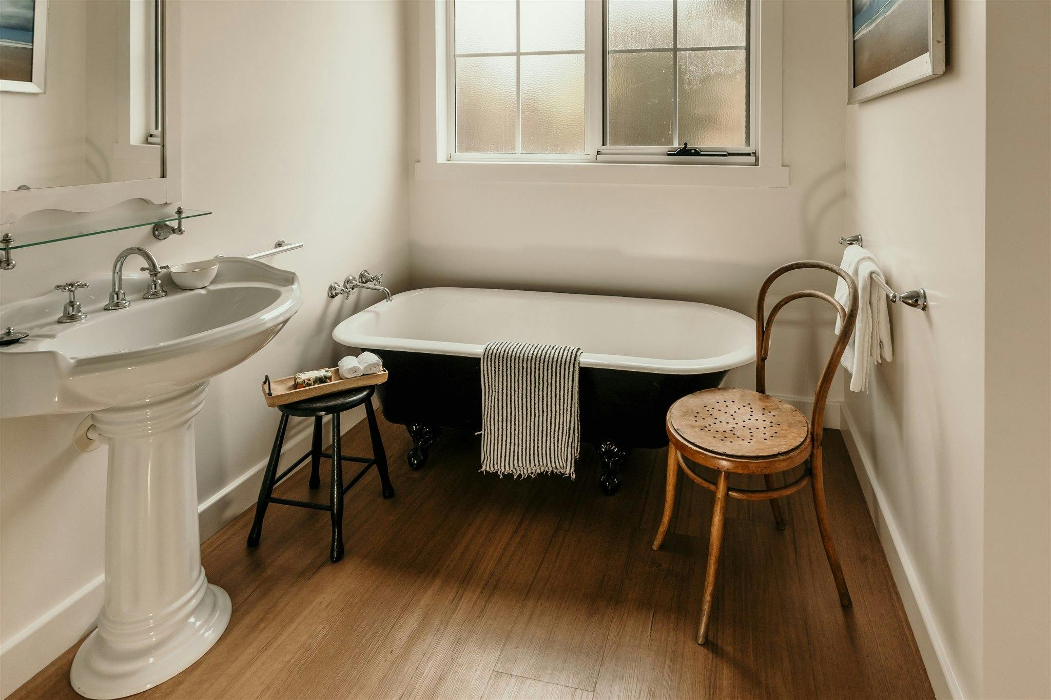 deep original soaking bath, walk in shower, heritage pedestal, lots of towels provided, sunny