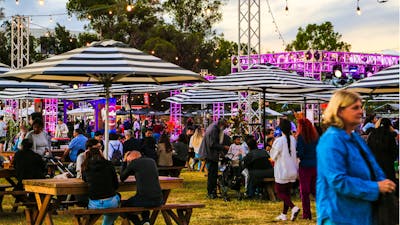 People enjoying food and drink in the Festival Hub