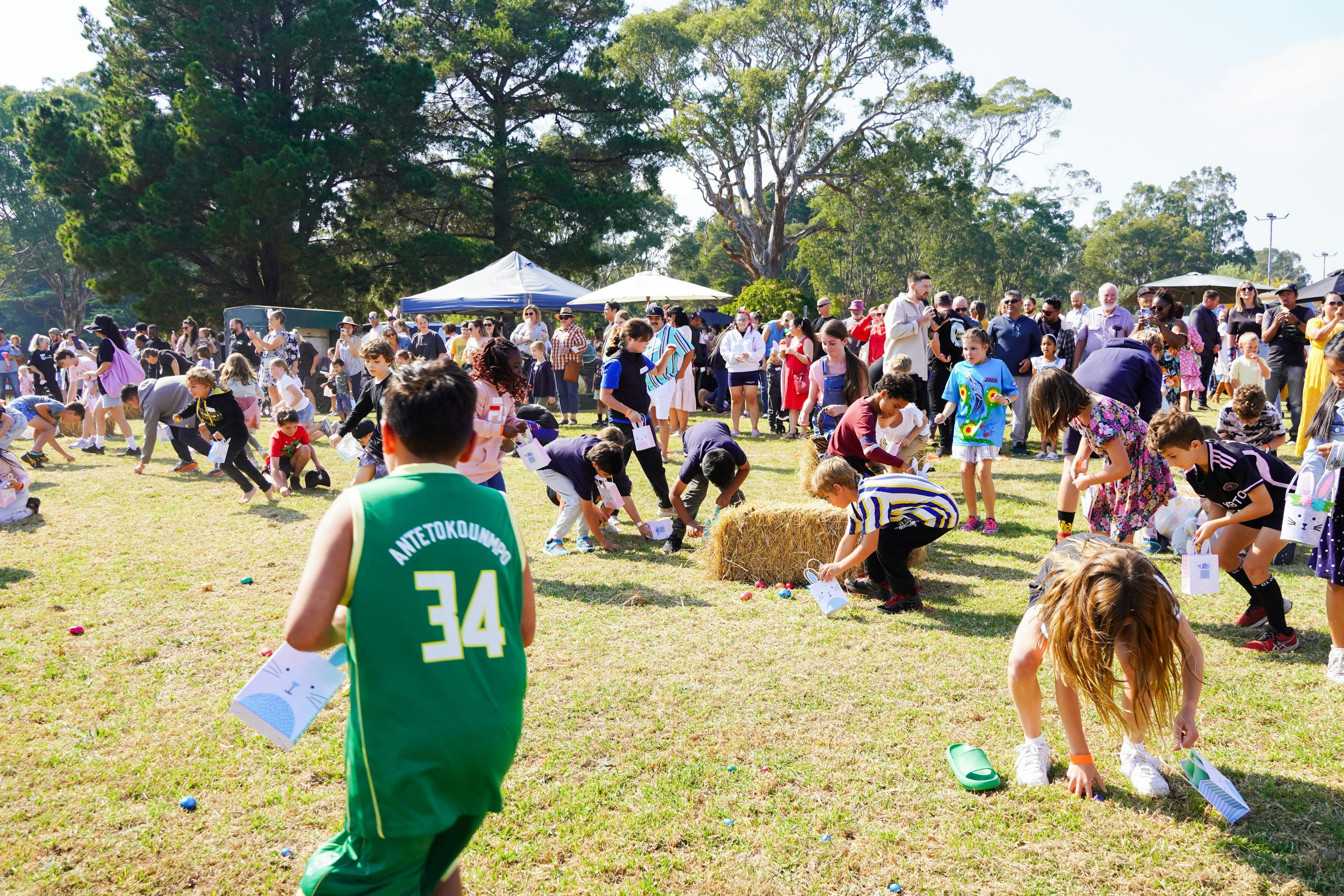 A group of people hunt for Easter eggs in the grass