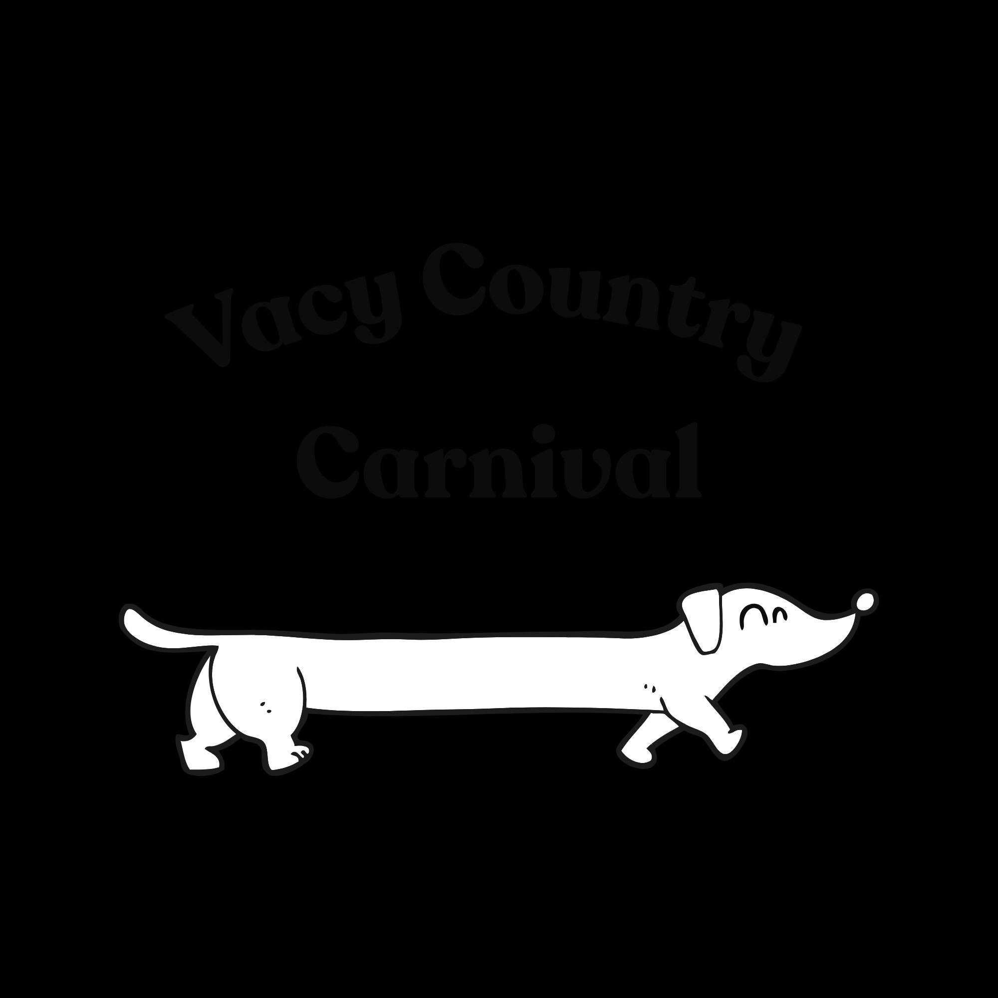 a black and white logo showing  an outline of a sausage dog with rounded text above Vacy Country Car