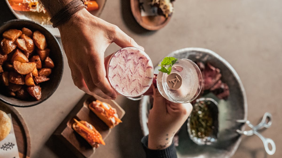 Selection of dishes and selection of cocktails