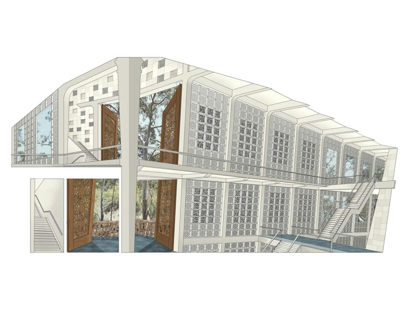 Digital render of Campbelltown Arts Centre as a Conservatory. There are two levels with stairs.