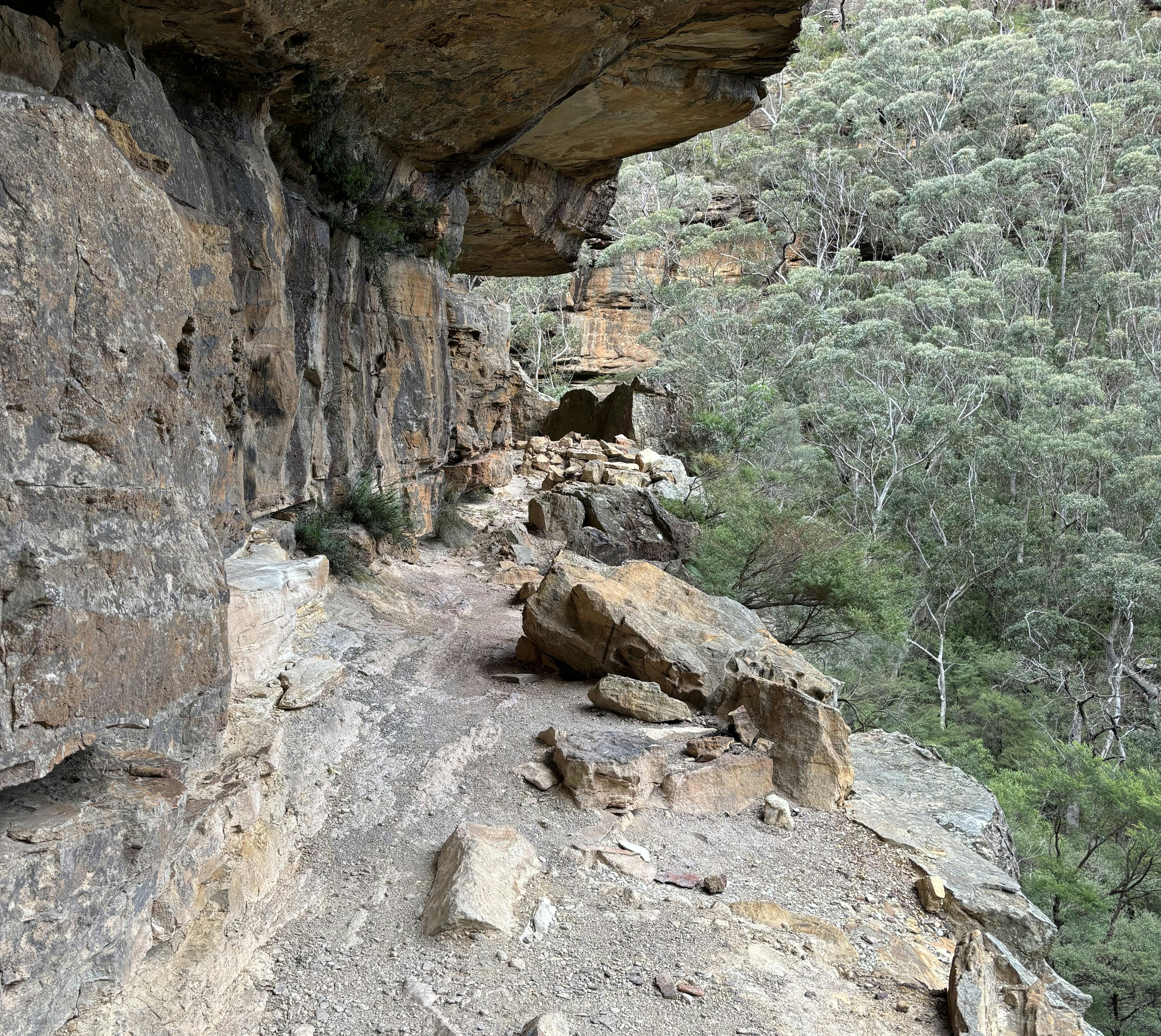 A rocky overhang sheltering a stone fireplace on a ledge ovderlooking a gorge.