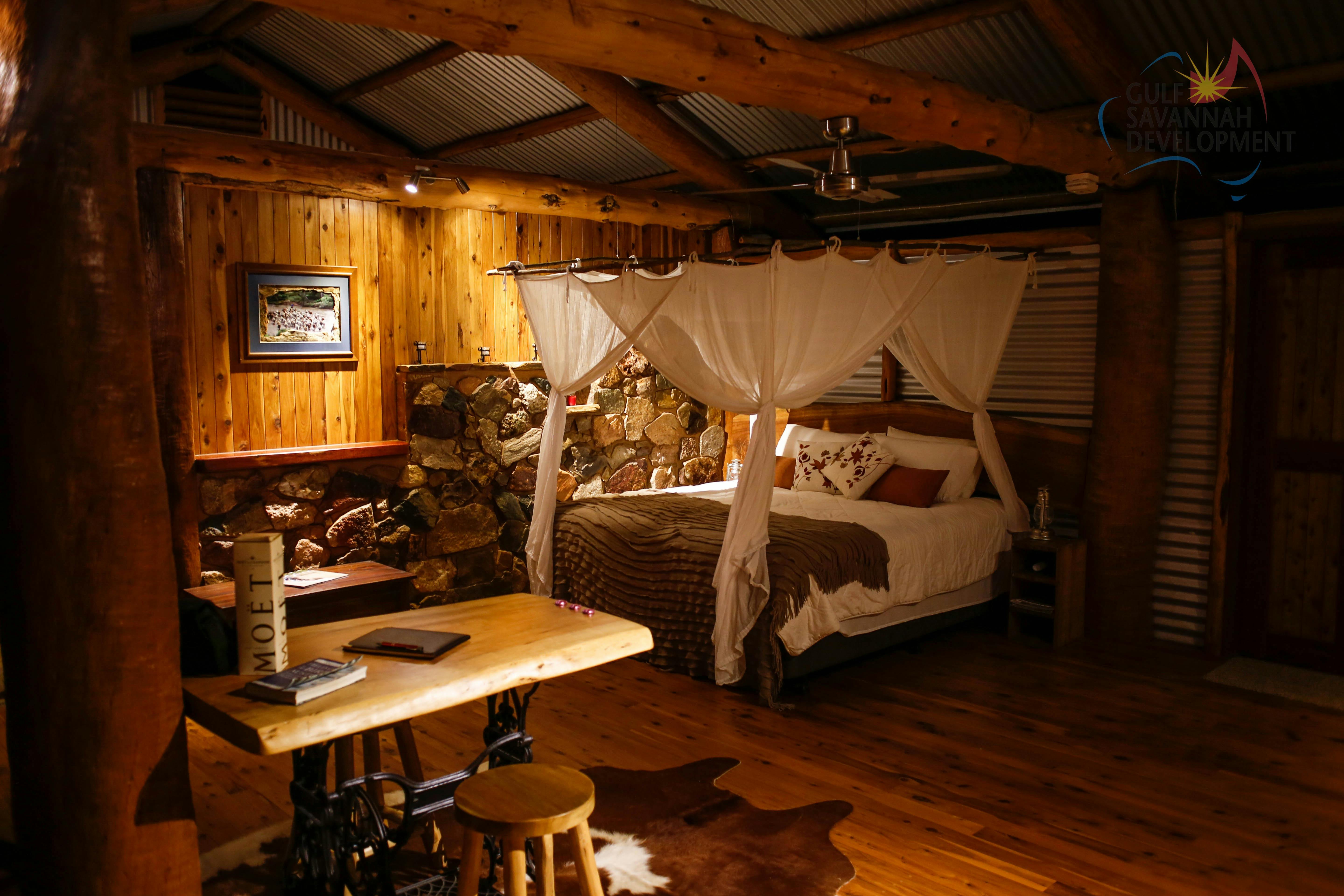Night time image of the bedroom at Gilberton Outback Retreat