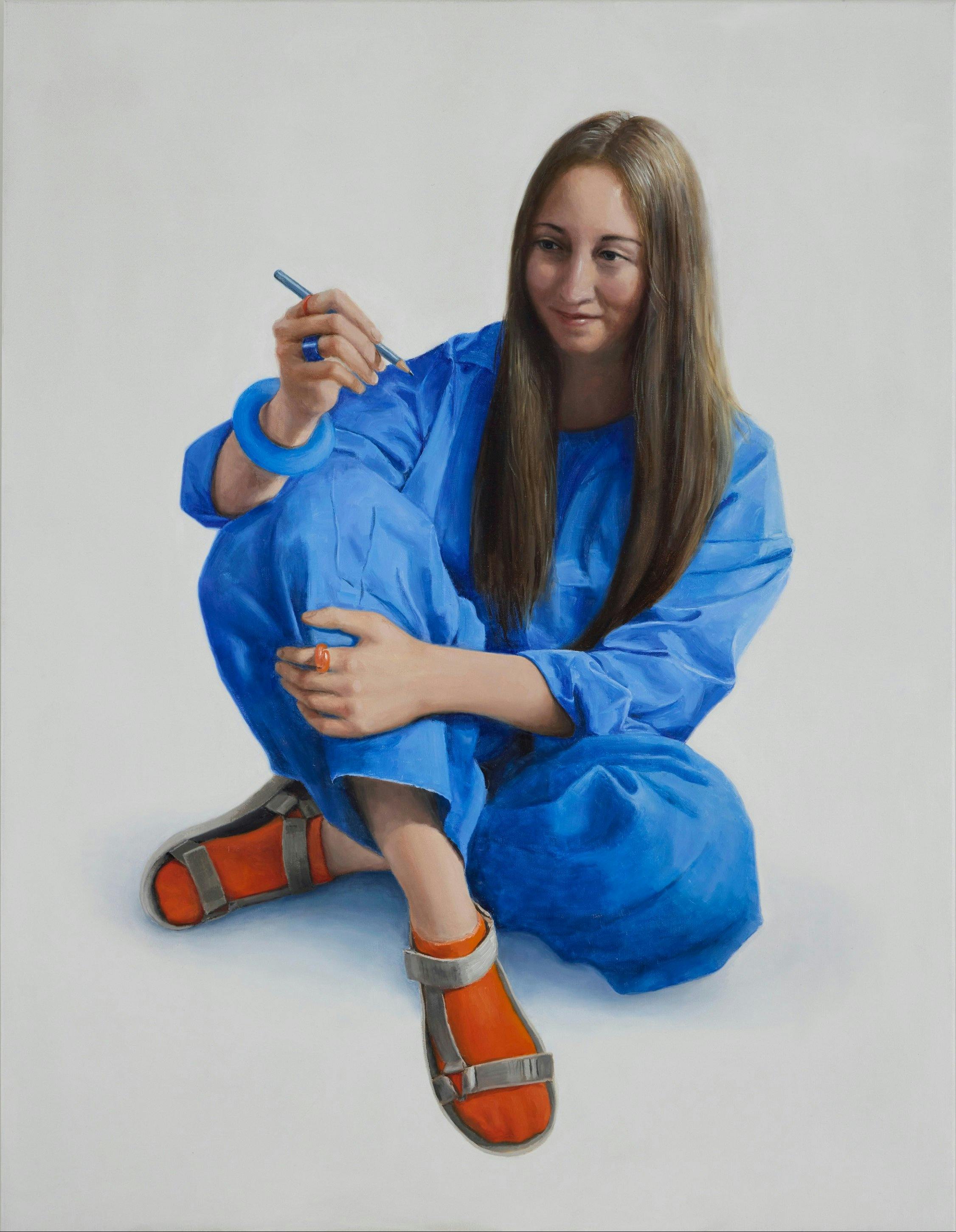 Painting of a girl with long brown hair in a bright blue jumpsuit posing with a pencil in the air.