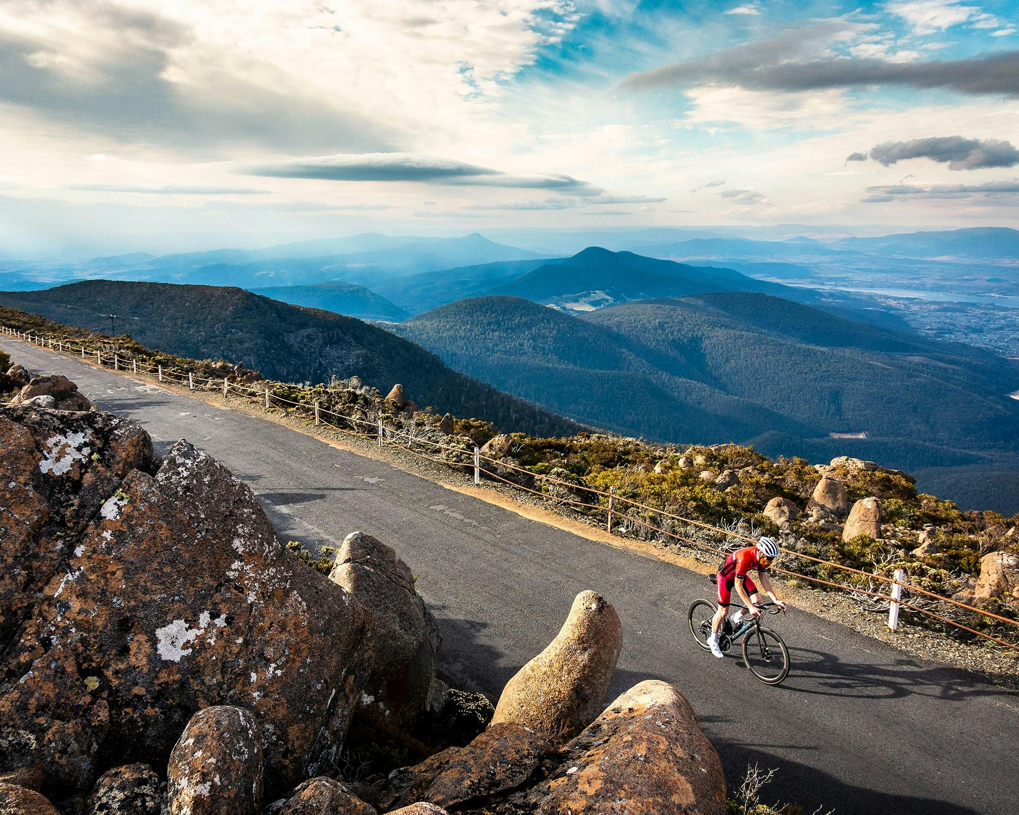 Cycling at the top of Mt Wellington Tasmania