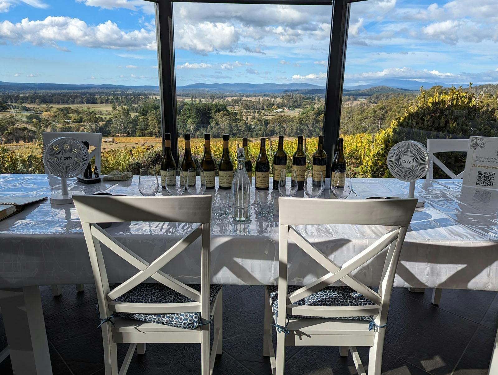 Tasting set up for 2 in our glassroom, with views over the vineyard & across the valley to mountains