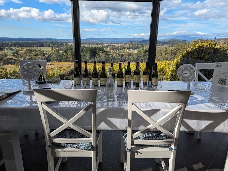 Tasting set up for 2 in our glassroom, with views over the vineyard & across the valley to mountains