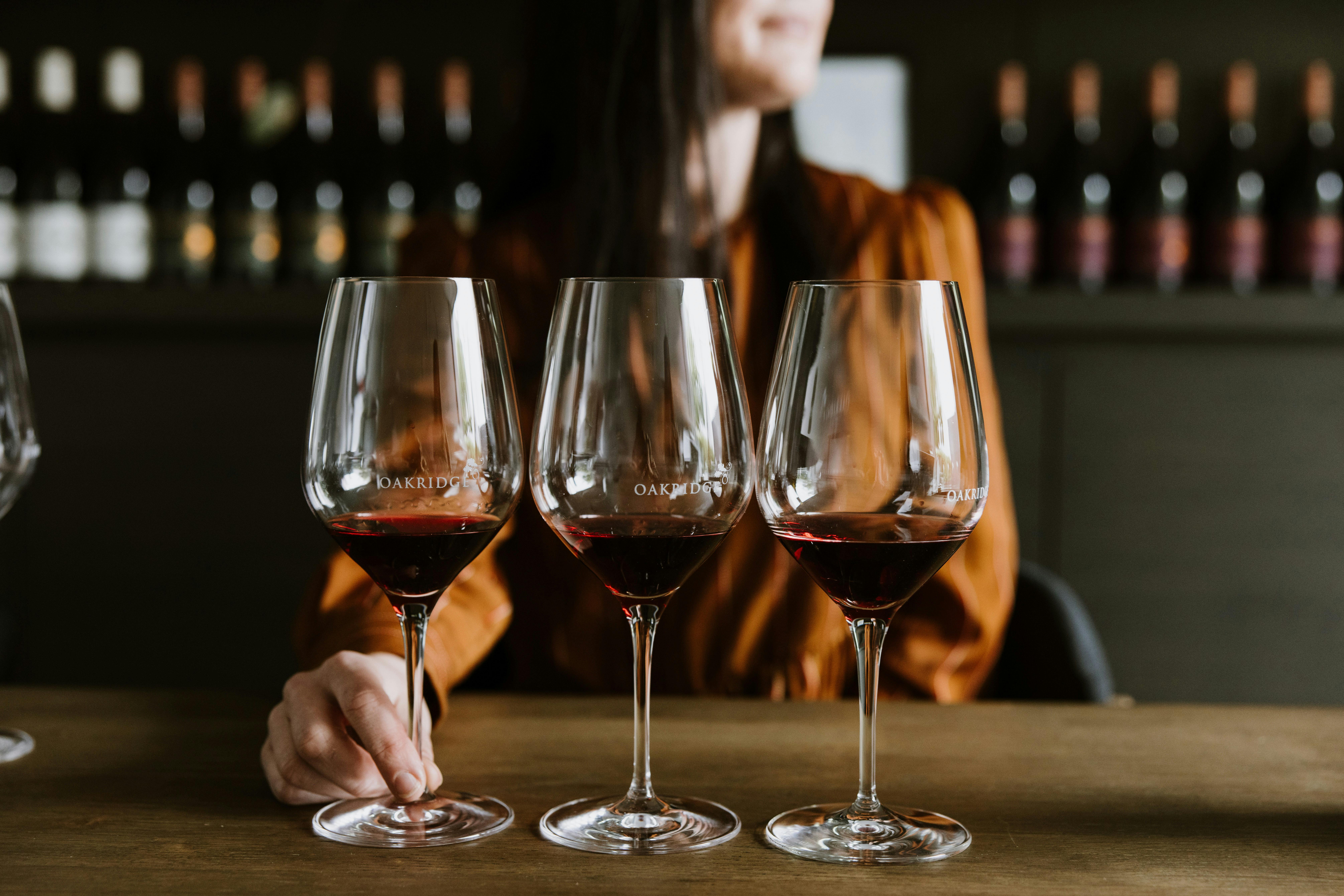A line up of three glasses with red wine tastings at Oakridge Wines.
