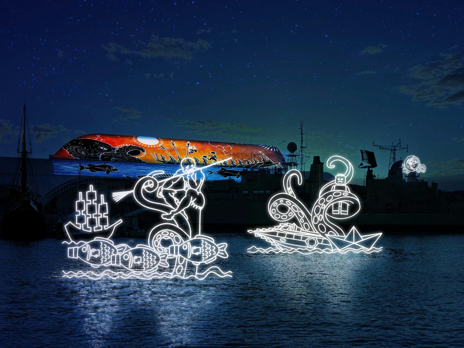Museum rooftop is projected upon with the artwork of Brian Robinson with LED sculptrues in the water