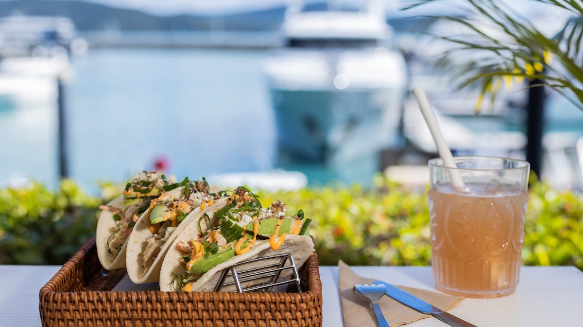 Fish tacos and cocktails at Garden Bar Bistro overlooking the south marina