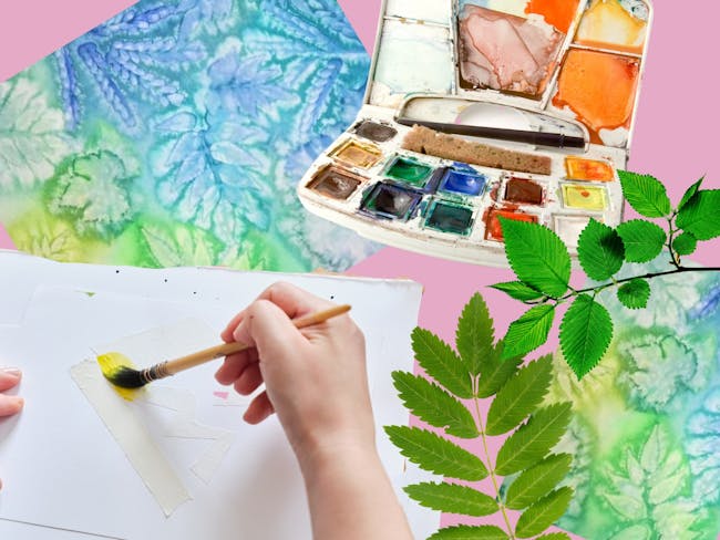 watercolour palettes, paint, and leaf impressions