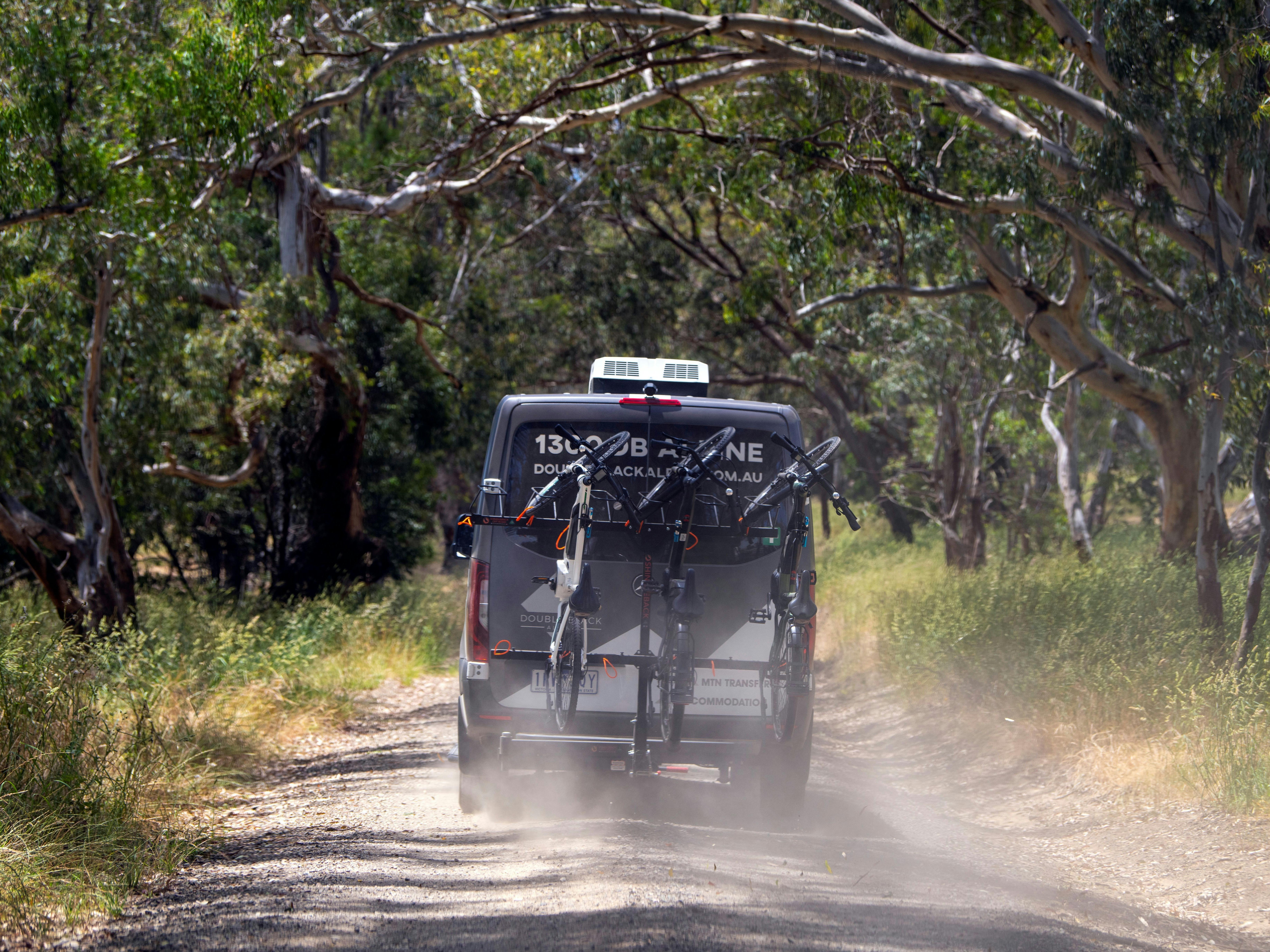 Double Black Alpine Van with gravel bikes . Travelling down a High Country gravel road with gumtrees