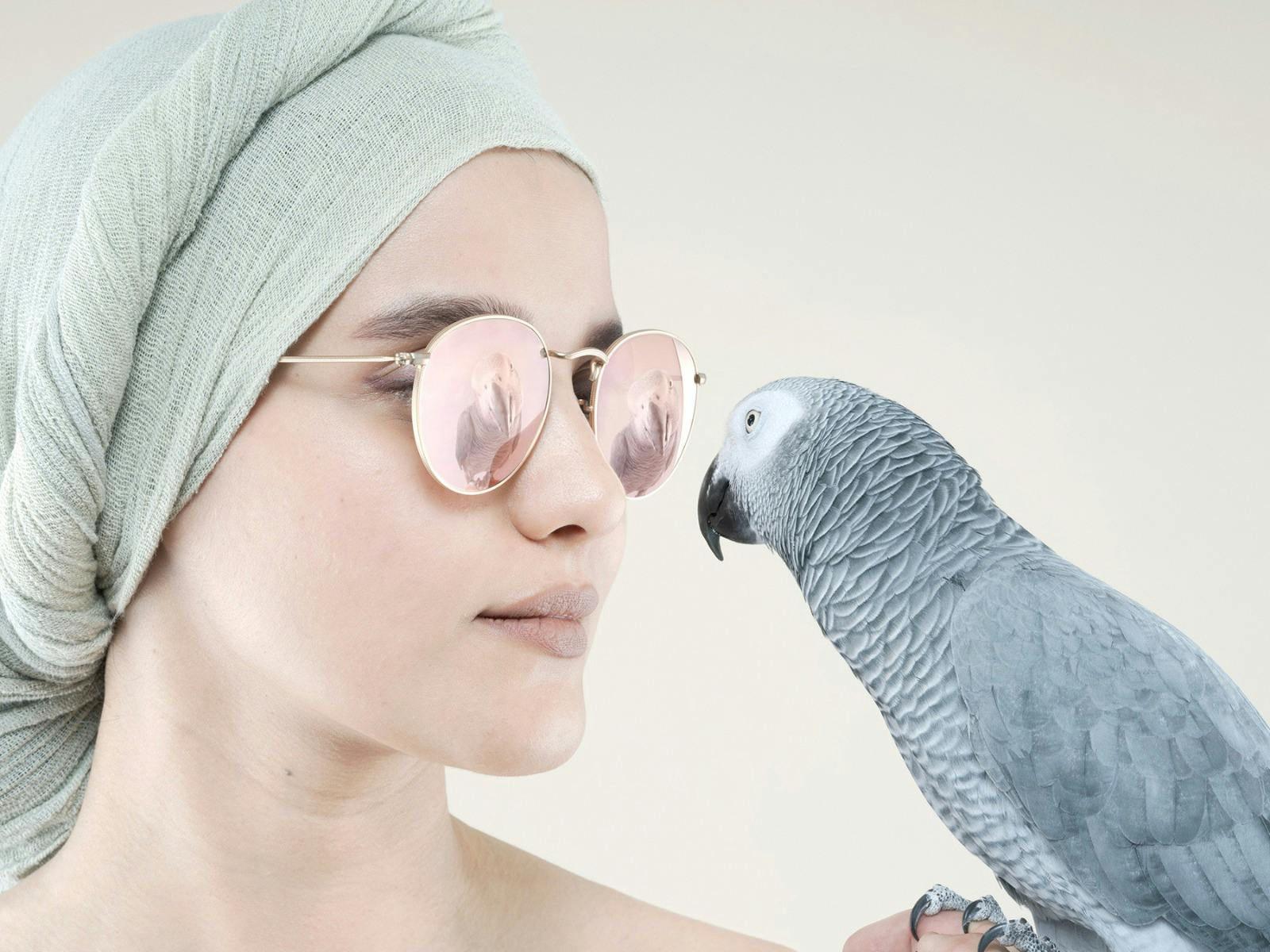 Person in mirrored sunglasses facing an African grey parrot reflected in the lenses.