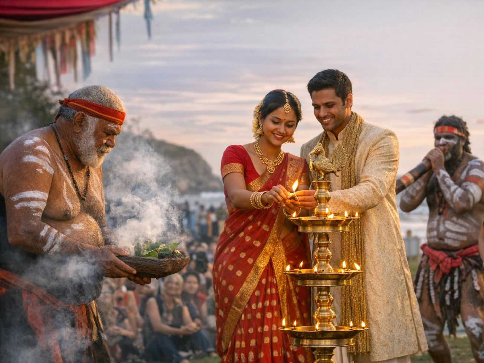 Indian & First Nations representative lighting a ceremonial lamp and smoking ceremony to mark start.