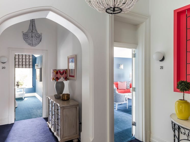 Lobby area adjacent to the three guest rooms and suites located in the original heritage building