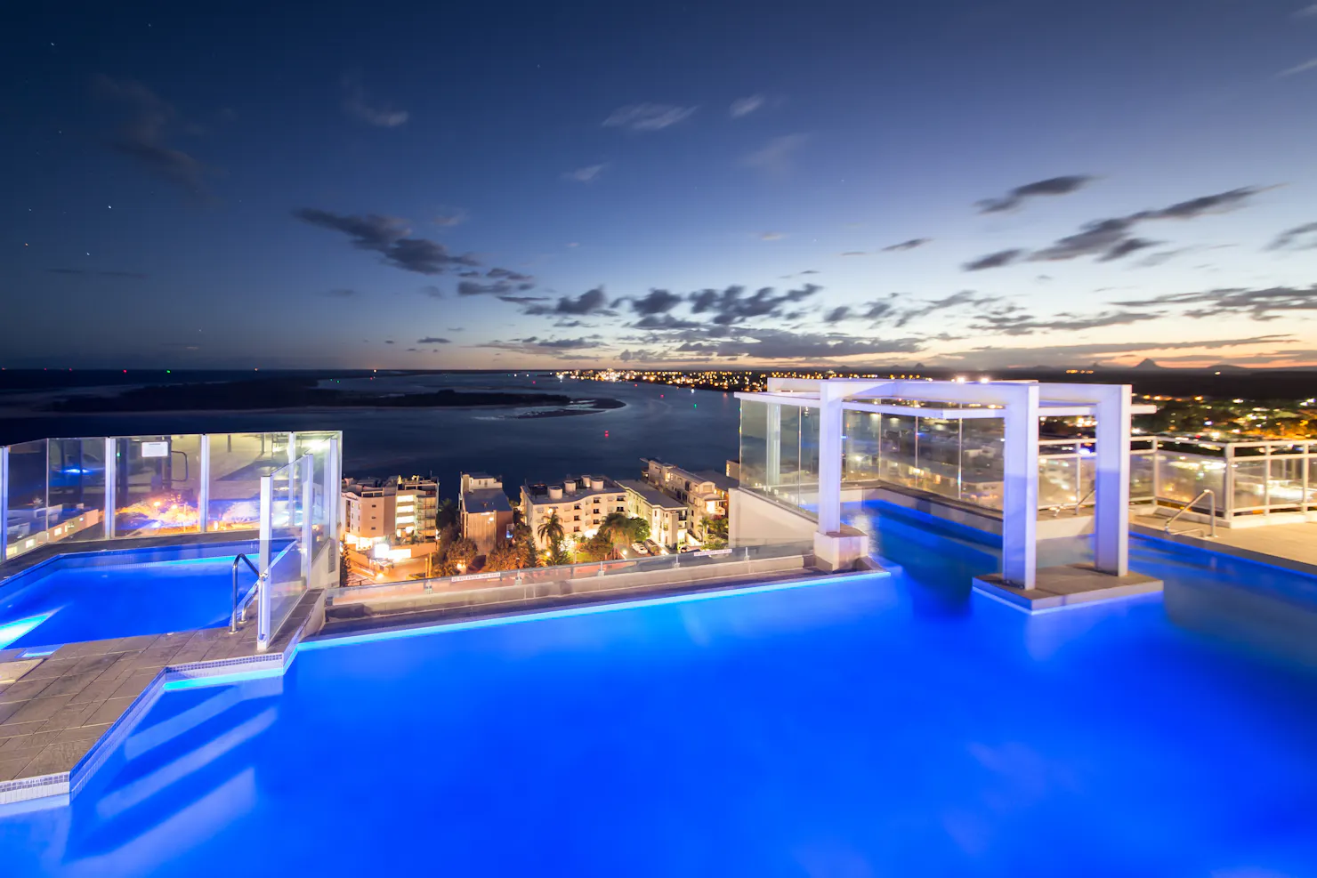 The View from our roof top pool after sunset