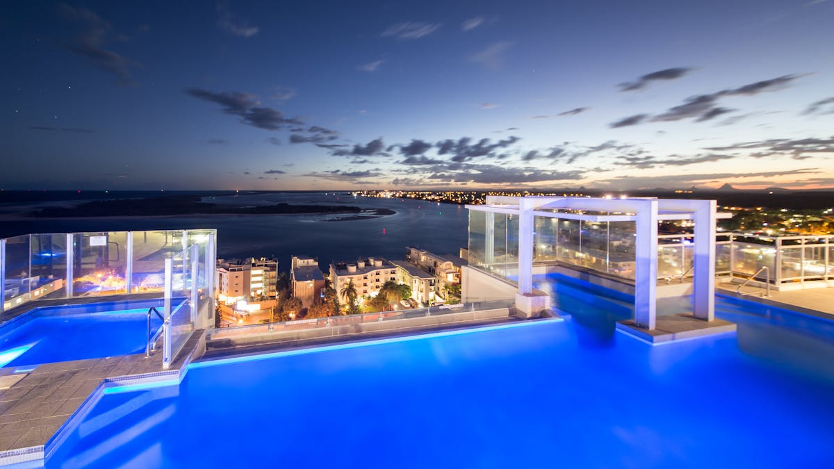 The View from our roof top pool after sunset