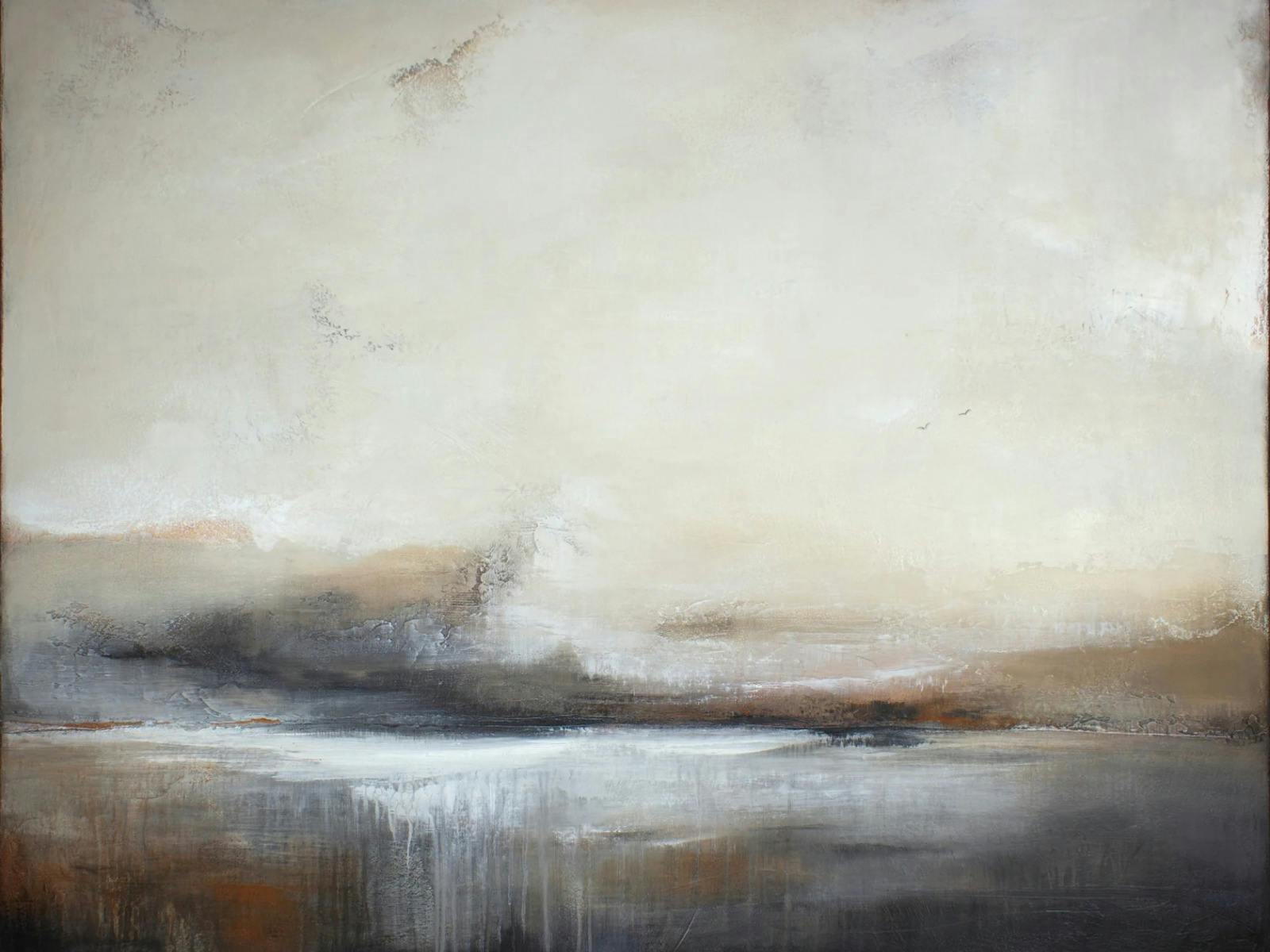 Abstract landscape painting with a pale, clouded sky above a dark, hazy horizon and reflective water