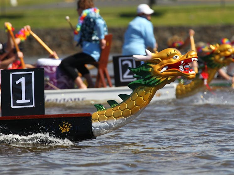 Green and Gold Dragons head on a boat.