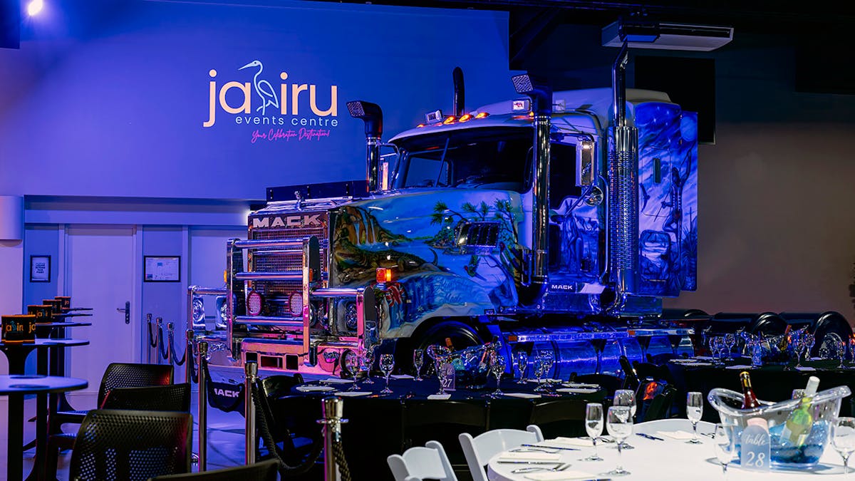 A prime mover parked on the floor of Jabiru Events Centre.