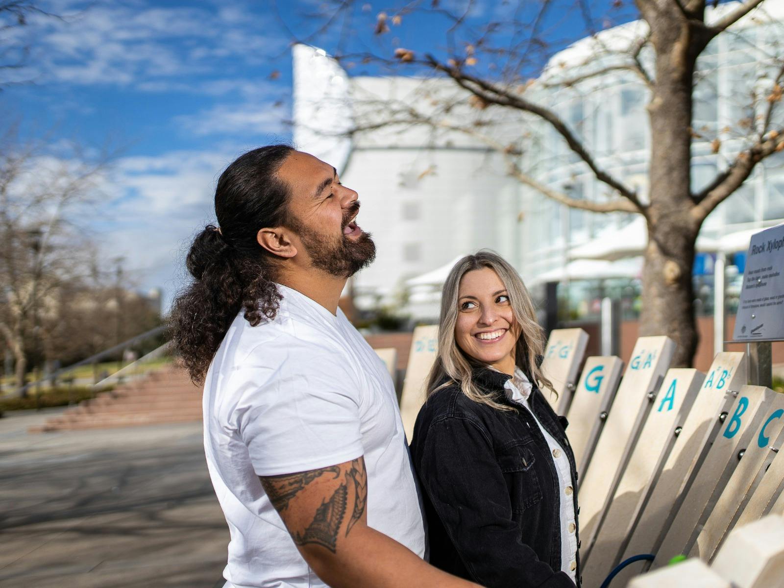 People standing in the Rear Science Terrace at Questacon