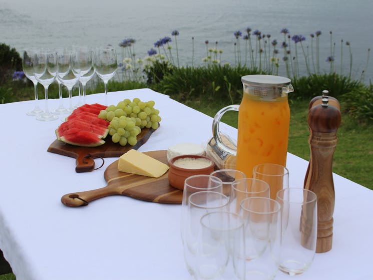Spread, of fruit, cheese, freshly squeezed juice on a table overlooking the ocean.