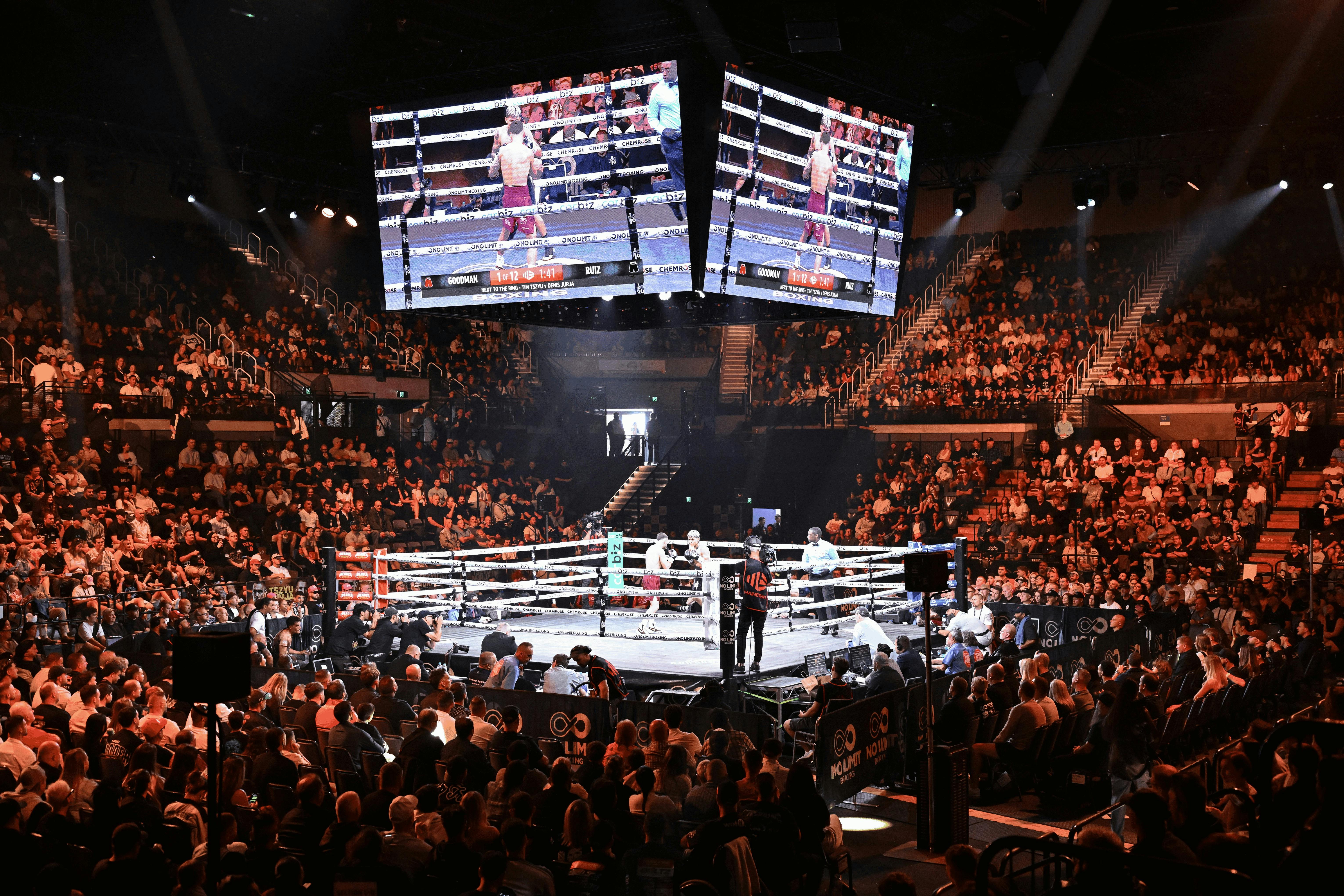 Crowd shot of a No Limit Boxing event featuring two fighters in the ring