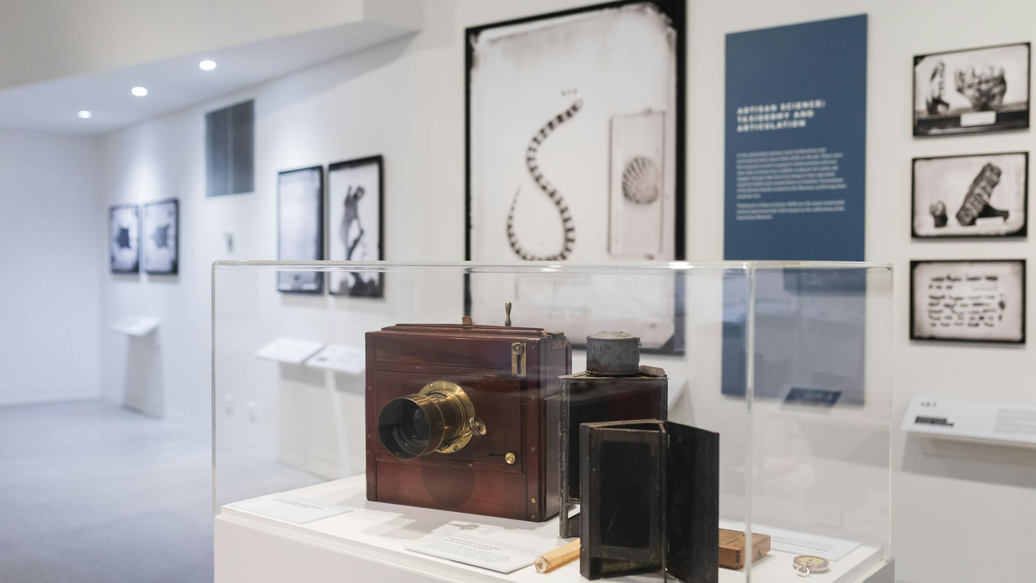 Old photography equipment in glass display case