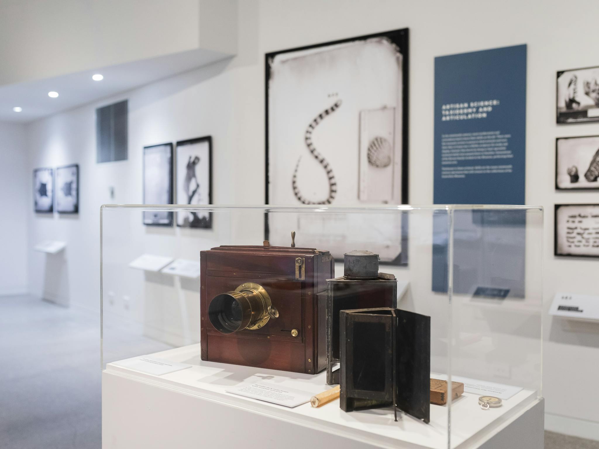 Old photography equipment in glass display case